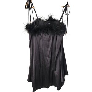 Babydoll Witchy Goth Black Feather Trim Satin Slip Dress Nasty Gal Sz 8 Boudoir